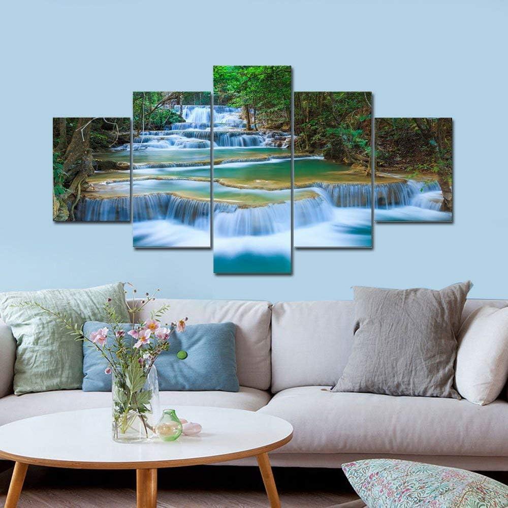 imageWieco Art Peaceful Waterfall 5 Panels Large Canvas Paintings Wall Art Modern Gallery Wrapped Landscape Forest Giclee Canvas Print Artwork Photo Pictures for Living Room Bedroom Home Decorations L12x16inchx2pcs 12x24inchx2pcs 12x32inchx1pc