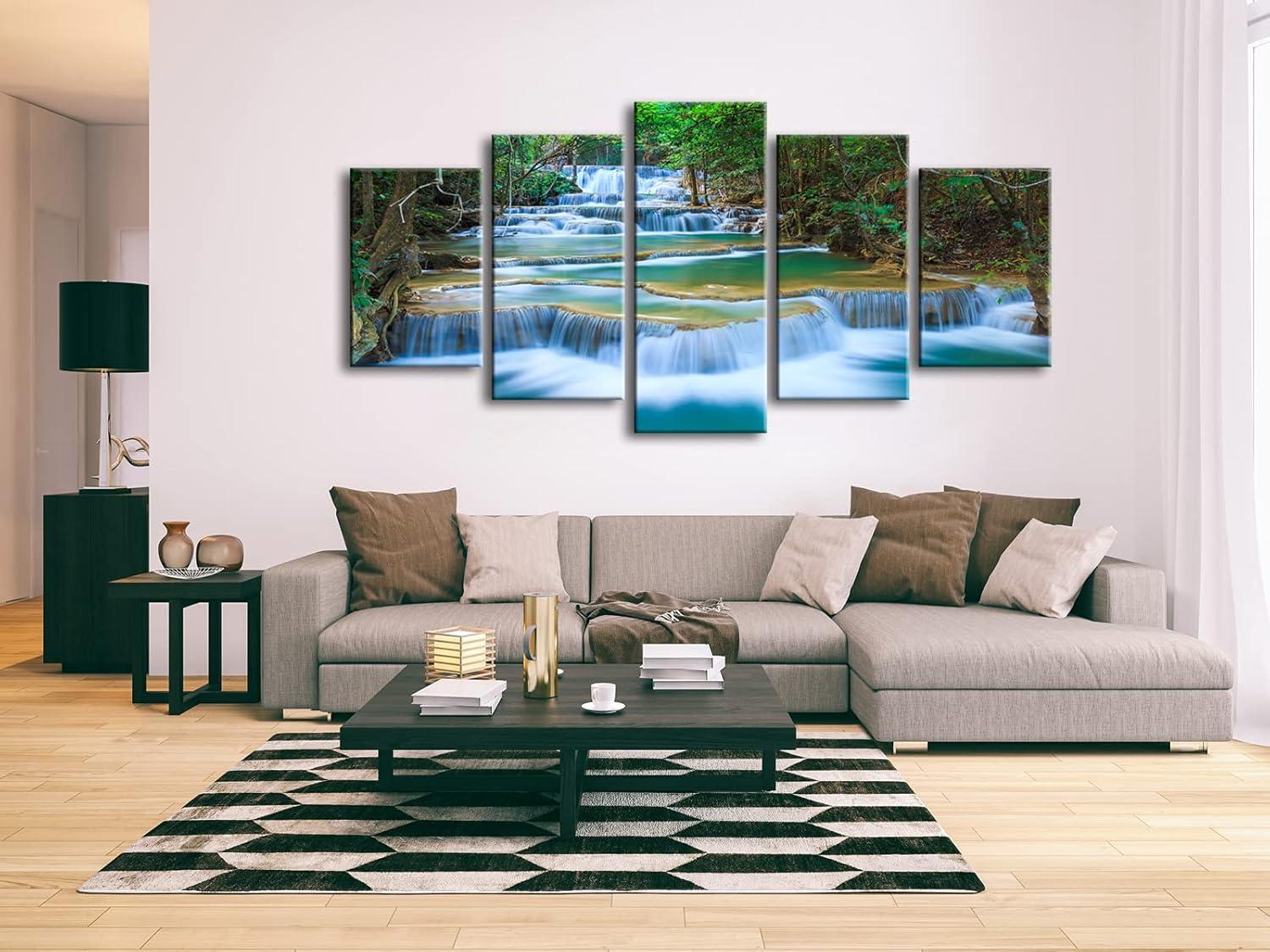 imageWieco Art Peaceful Waterfall 5 Panels Large Canvas Paintings Wall Art Modern Gallery Wrapped Landscape Forest Giclee Canvas Print Artwork Photo Pictures for Living Room Bedroom Home Decorations L16x24inchx2pcs 16x32inchx2pcs 16x40inchx1pc