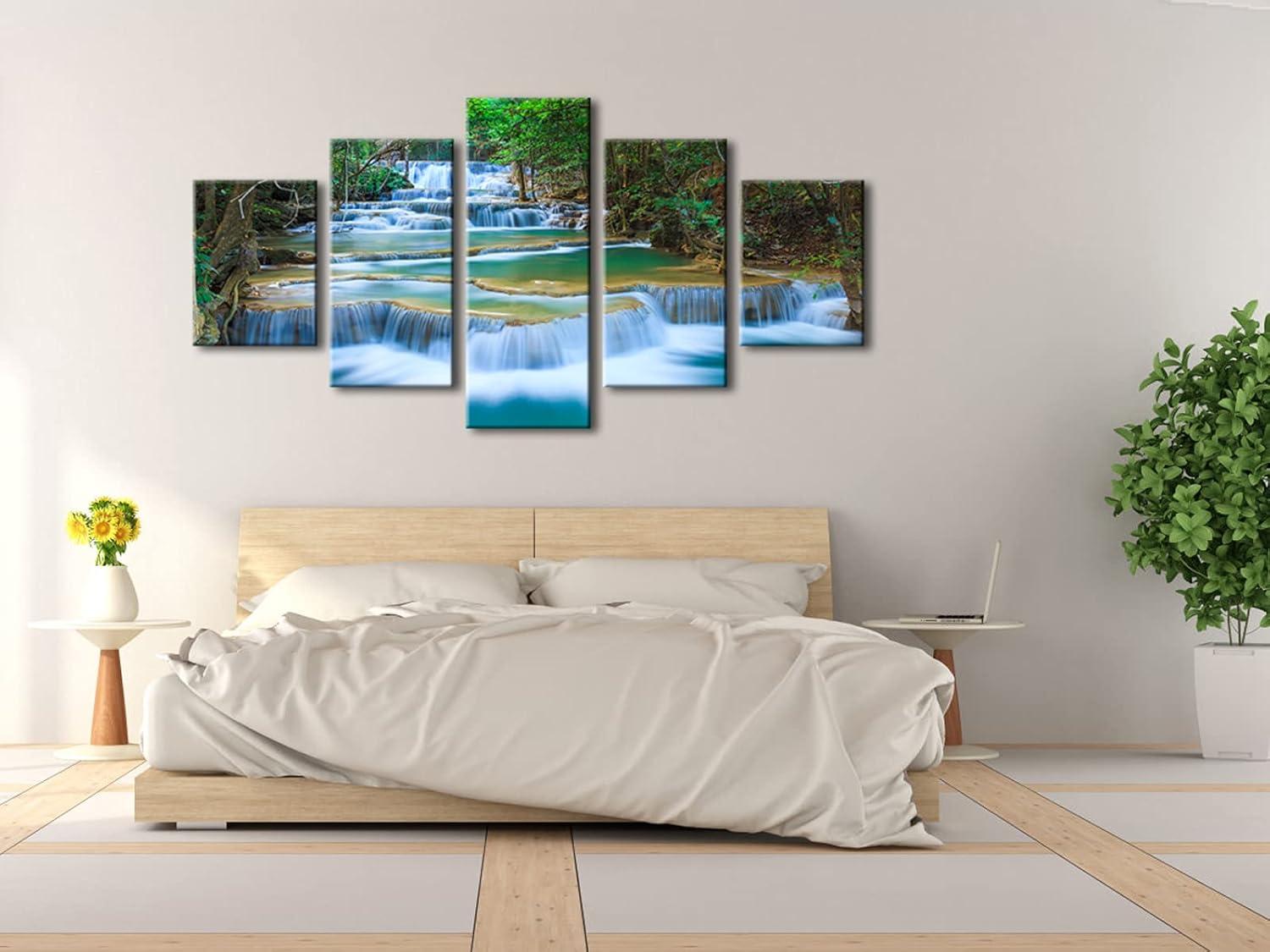 imageWieco Art Peaceful Waterfall 5 Panels Large Canvas Paintings Wall Art Modern Gallery Wrapped Landscape Forest Giclee Canvas Print Artwork Photo Pictures for Living Room Bedroom Home Decorations L12x16inchx2pcs 12x24inchx2pcs 12x32inchx1pc