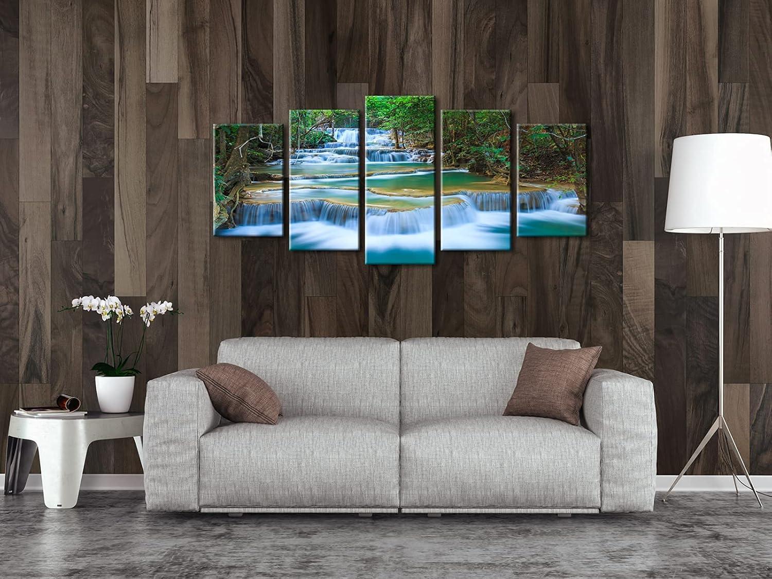 imageWieco Art Peaceful Waterfall 5 Panels Large Canvas Paintings Wall Art Modern Gallery Wrapped Landscape Forest Giclee Canvas Print Artwork Photo Pictures for Living Room Bedroom Home Decorations L10x16inchx2pcs 10x20inchx2pcs 10x24inchx1pc