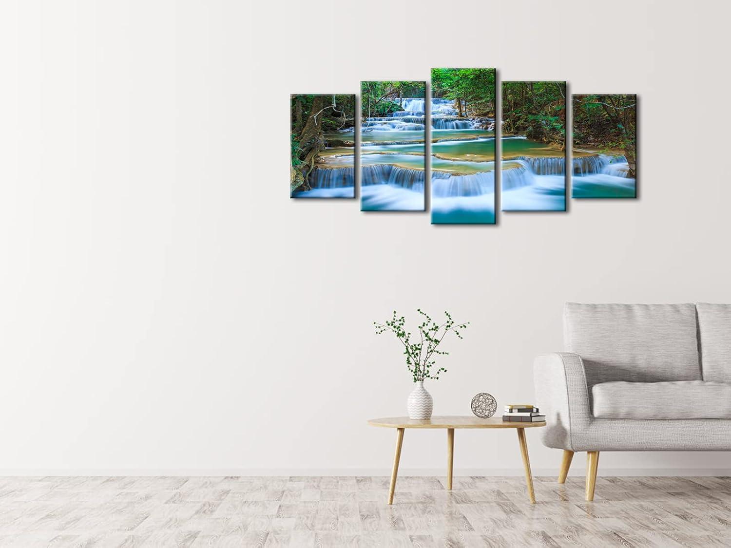 imageWieco Art Peaceful Waterfall 5 Panels Large Canvas Paintings Wall Art Modern Gallery Wrapped Landscape Forest Giclee Canvas Print Artwork Photo Pictures for Living Room Bedroom Home Decorations L10x16inchx2pcs 10x20inchx2pcs 10x24inchx1pc
