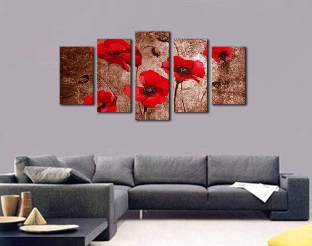 imageWieco Art Red Poppies on Brown 5 Panels Modern Gallery Wrapped Floral Giclee Canvas Print Flowers Pictures to Photo Paintings on Canvas Wall Art Work Ready to Hang for Living Room Home Decor L14x24inchx2pcs 14x28inchx2pcs 14x32inchx1pc