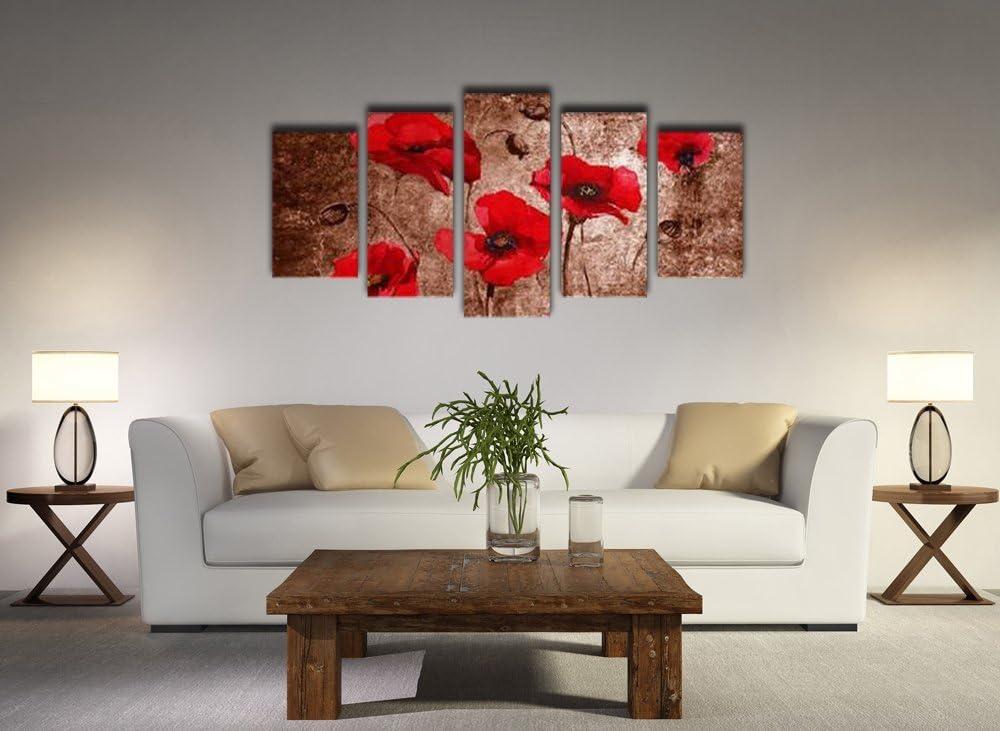 imageWieco Art Red Poppies on Brown 5 Panels Modern Gallery Wrapped Floral Giclee Canvas Print Flowers Pictures to Photo Paintings on Canvas Wall Art Work Ready to Hang for Living Room Home Decor L14x24inchx2pcs 14x28inchx2pcs 14x32inchx1pc