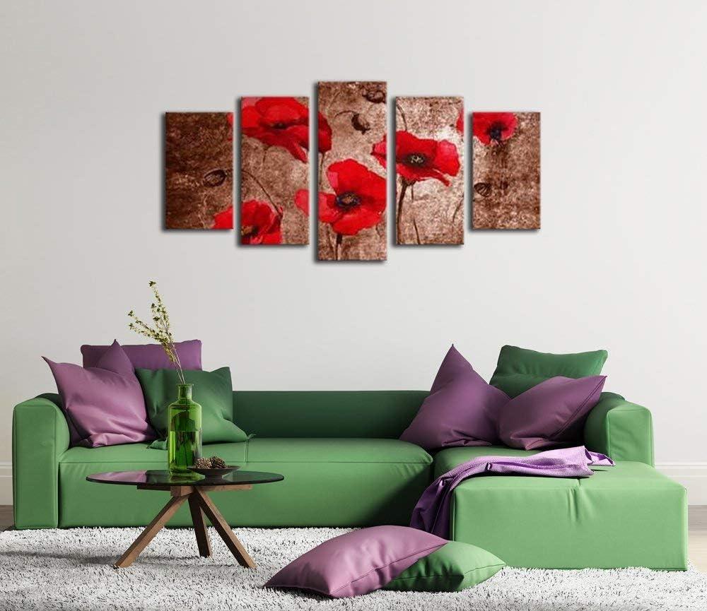 imageWieco Art Red Poppies on Brown 5 Panels Modern Gallery Wrapped Floral Giclee Canvas Print Flowers Pictures to Photo Paintings on Canvas Wall Art Work Ready to Hang for Living Room Home Decor L14x24inchx2pcs 14x28inchx2pcs 14x32inchx1pc