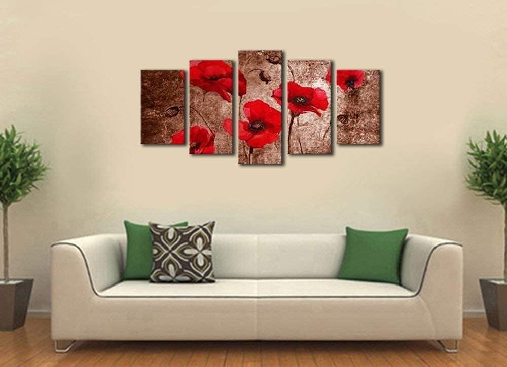 imageWieco Art Red Poppies on Brown 5 Panels Modern Gallery Wrapped Floral Giclee Canvas Print Flowers Pictures to Photo Paintings on Canvas Wall Art Work Ready to Hang for Living Room Home Decor L14x24inchx2pcs 14x28inchx2pcs 14x32inchx1pc