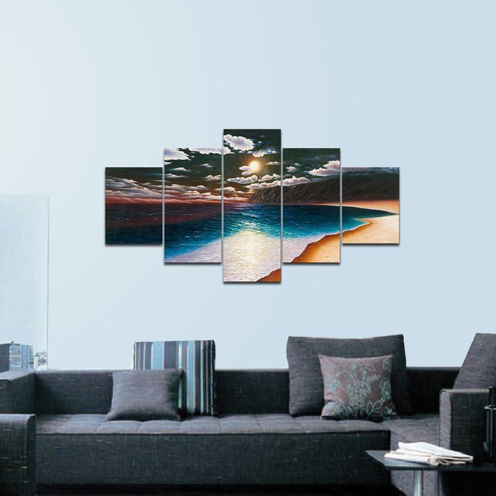 imageWieco Art Yellow Beach Canvas Prints Wall Art Sunset Ocean Sea Pictures Paintings for Living Room Bedroom Home Decorations Modern 5 Panels Stretched and Framed Seascape Artwork 5pcsSet