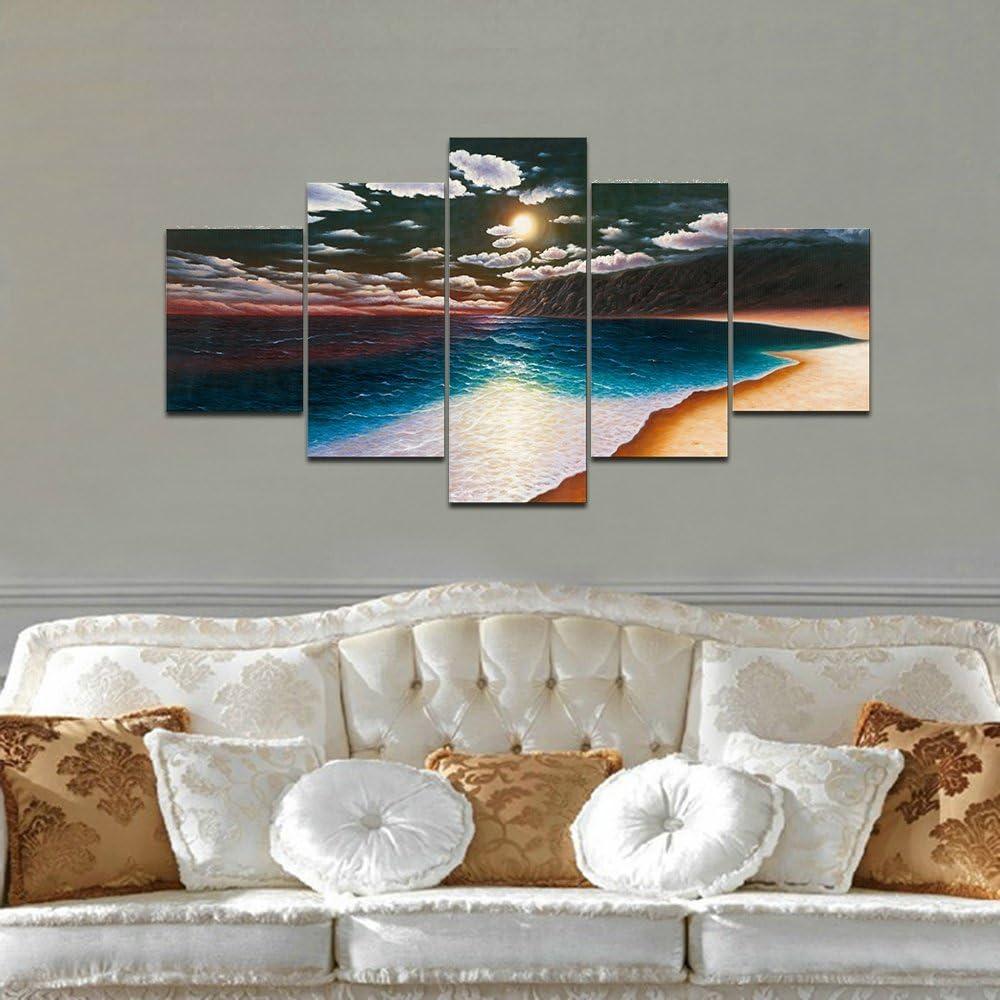 imageWieco Art Yellow Beach Canvas Prints Wall Art Sunset Ocean Sea Pictures Paintings for Living Room Bedroom Home Decorations Modern 5 Panels Stretched and Framed Seascape Artwork 5pcsSet