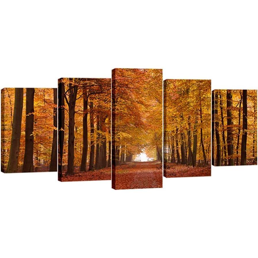 imageWieco Art Autumn Forest Large Modern 5 Panels Gallery Wrapped Giclee Canvas Print Landscape Pictures Paintings on Canvas Wall Art Work Ready to Hang for Living Room Home Office Decor L10x16inchx2pcs 10x20inchx2pcs 10x24inchx1pc