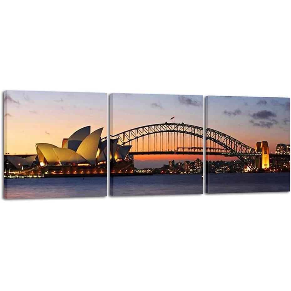 imageWieco Art Museum of Sydney Modern Canvas Prints Wall Art City Skyline Pictures Paintings for Living Room Bedroom Home Decorations 3 Piece Modern Stretched and Framed Giclee Ocean Sea Beach Artwork