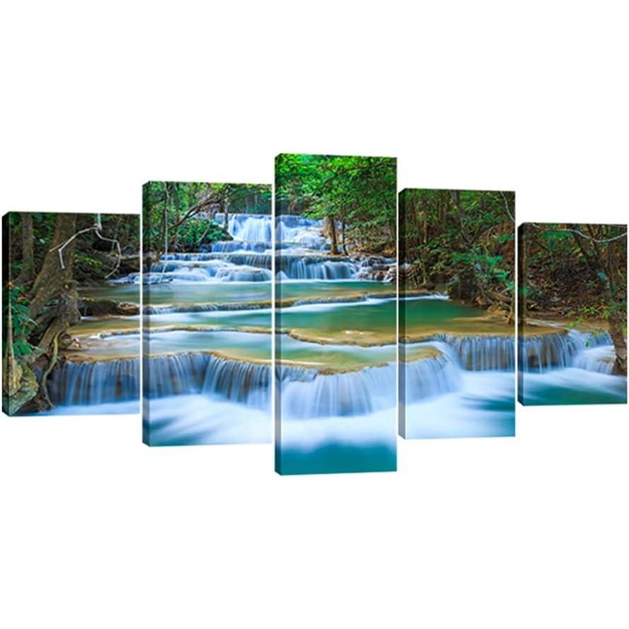 imageWieco Art Peaceful Waterfall 5 Panels Large Canvas Paintings Wall Art Modern Gallery Wrapped Landscape Forest Giclee Canvas Print Artwork Photo Pictures for Living Room Bedroom Home Decorations L12x16inchx2pcs 12x24inchx2pcs 12x32inchx1pc