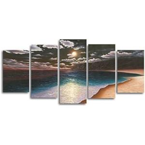 imageWieco Art Yellow Beach Canvas Prints Wall Art Sunset Ocean Sea Pictures Paintings for Living Room Bedroom Home Decorations Modern 5 Panels Stretched and Framed Seascape Artwork 5pcsSet