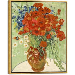 image:imageWieco Art Framed Wall Art of Red Poppies and Daisies by Vincent Van Gogh Paintings Reproduction Abstract Canvas Prints for Home Living Room Decorations Bronze Gold Frame25L x 21W