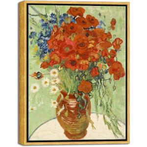 image:imageWieco Art Framed Wall Art of Red Poppies and Daisies by Vincent Van Gogh Paintings Reproduction Abstract Canvas Prints for Home Living Room Decorations Bronze Gold Frame175L x 135W