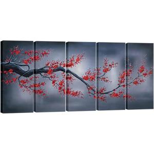 image:imageWieco Art Red Plum Blossom 5 Piece Giclee Canvas Prints Wall Art By Floral Oil Paintings Reproduction Pictures for Living Room Bedroom Home Decorations Modern Stretched and Framed Flowers Artwork