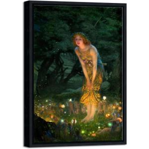 image:imageWieco Art Framed Canvas Wall Art Fairy Tale Midsummer Eve with A Girl and Elves by Edward Robert Hughe Neoclassical Art Nouveau Print Picture for Living Room Home DecorationsBlack Frame