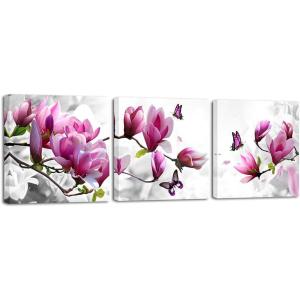 image:imageWieco Art Butterfly in Magnolia Canvas Prints Wall Art 3 Piece Purple Flowers Pictures Paintings for Living Room Bedroom Home Decorations Modern Stretched and Framed Grace Purple Floral Giclee Artwork